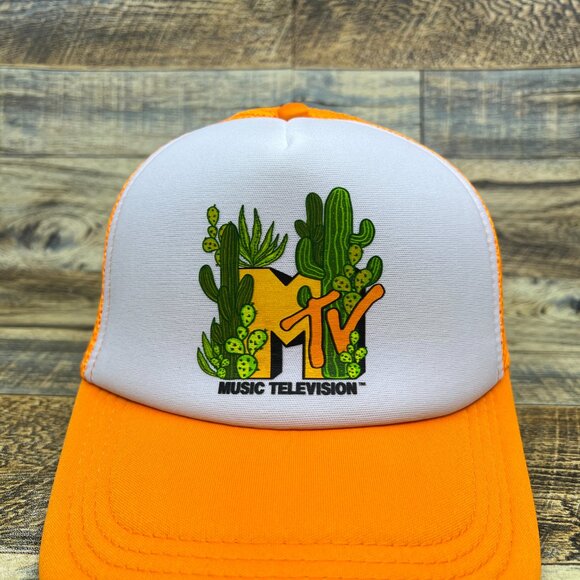 MTV Cactus Logo Mens Trucker Hat Orange Snapback Retro 90s Music TV Baseball Cap - Picture 3 of 7